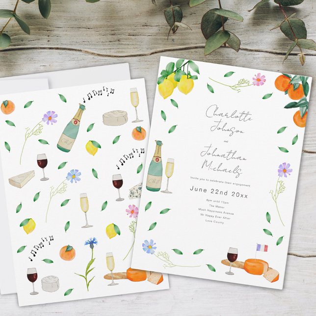 Boho Wine and Cheese Engagement Party Invitation (Boho floral wine and cheese citrus engagement party invitation whimsical watercolor illustration )