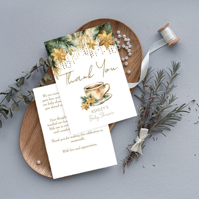 Boho winter baby shower tea party thank you (Boho winter baby shower tea party thank you card watercolor pines gold poinsettia tea cup thank you )