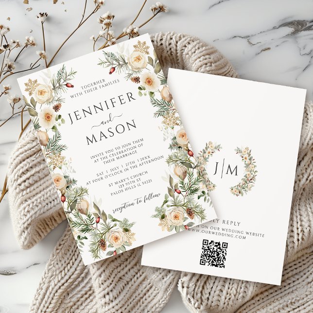 Boho Winter Christmas Gold Floral Wreath Wedding Invitation (Creator Uploaded)