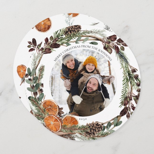 Boho Winter Citrus Round Photo  Holiday Card (Front/Back)