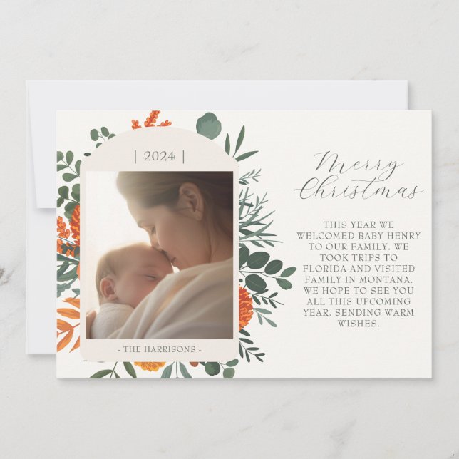 Boho Winter Floral Long Message Christmas Holiday Card (Front)