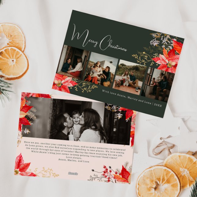 Boho Winter Floral Merry Christmas Five Photo Holiday Card (Creator Uploaded)