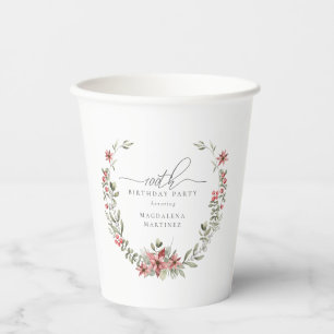 Boho Winter Greenery Red Floral 100th Birthday Paper Cups