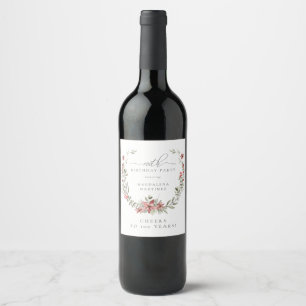 Boho Winter Greenery Red Floral 100th Birthday Wine Label