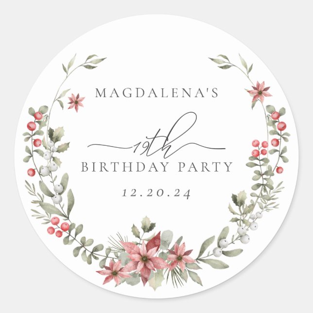 Boho Winter Greenery Red Floral 19th Birthday Classic Round Sticker (Front)