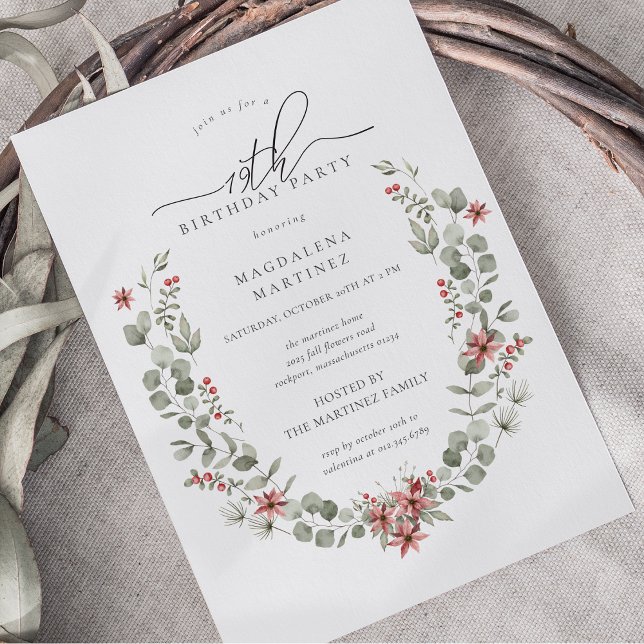 Boho Winter Greenery Red Floral 19th Birthday Invitation (Creator Uploaded)