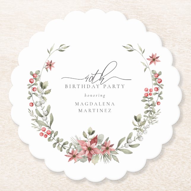 Boho Winter Greenery Red Floral 40th Birthday Paper Coaster (Front)