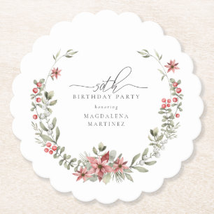 Boho Winter Greenery Red Floral 50th Birthday Paper Coaster