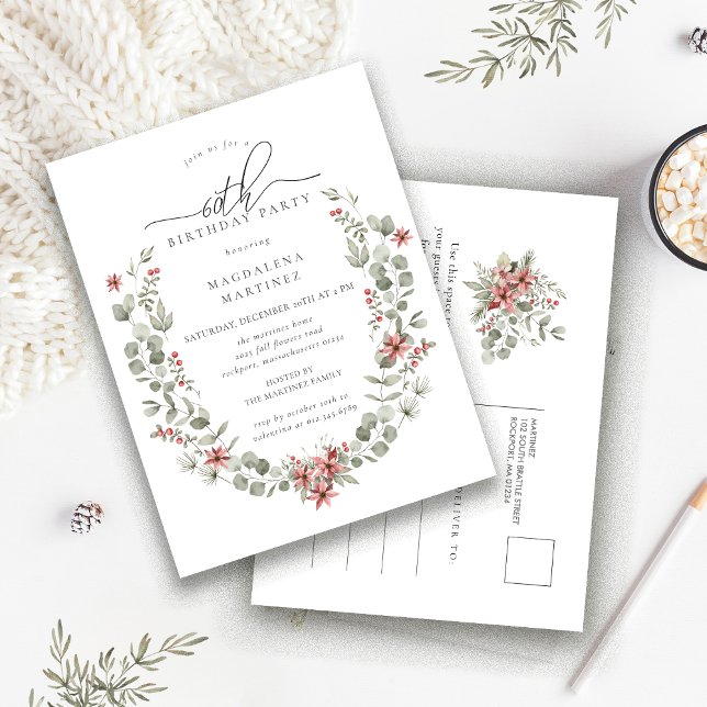Boho Winter Greenery Red Floral 60th Birthday Invitation Postcard (Creator Uploaded)