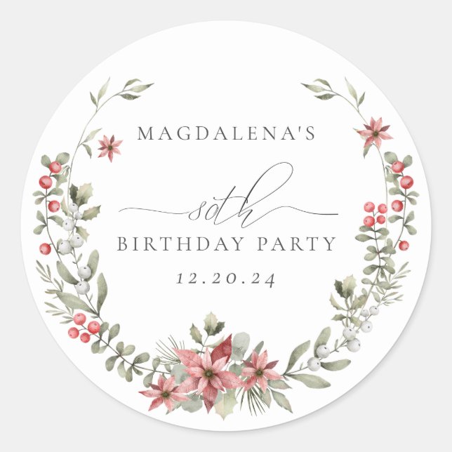 Boho Winter Greenery Red Floral 80th Birthday Classic Round Sticker (Front)