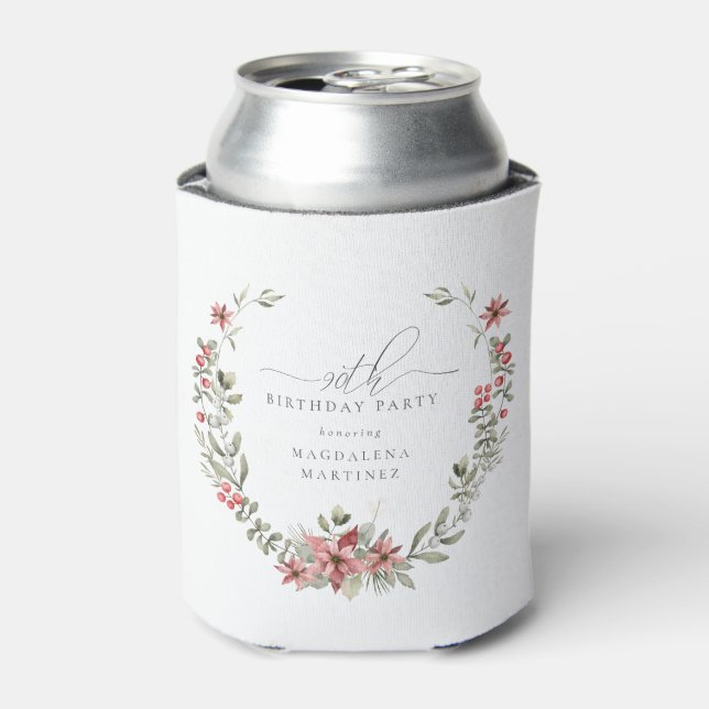 Boho Winter Greenery Red Floral 90th Birthday Can Cooler (Can Front)