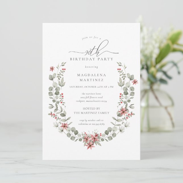 Boho Winter Greenery Red Floral 90th Birthday Invitation (Standing Front)
