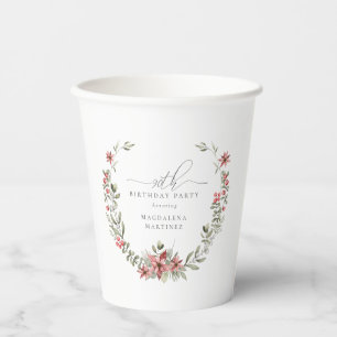Boho Winter Greenery Red Floral 90th Birthday Paper Cups