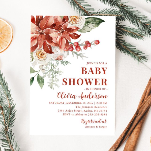 Boho Winter Red Floral Christmas Baby Shower Invitation (Creator Uploaded)