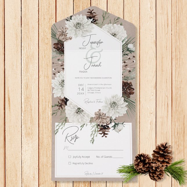 Boho Winter White Floral & Pine Brown No Dinner All In One Invitation (Also available with dinner selection options or with a QR code.)