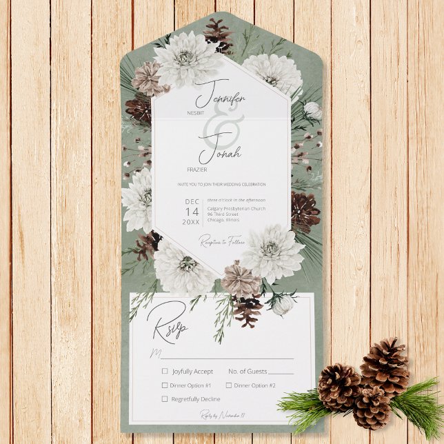 Boho Winter White Floral & Pine Green Dinner All In One Invitation (Also available with a QR code or with dinner selection options.)