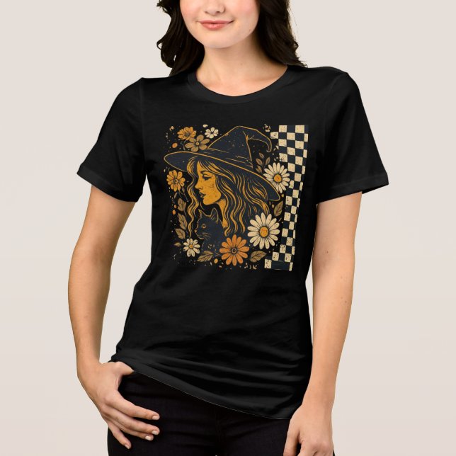 Boho Witch Cat Sunflower Halloween Dark T-Shirt Tri-Blend Shirt (Front)