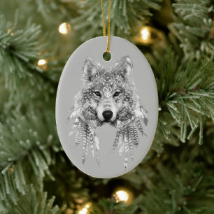 Boho Wolf Customisable  Ceramic Tree Decoration