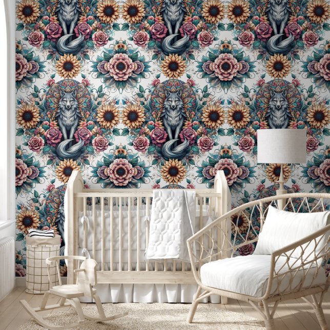 Boho Wolf & Sunflower Harmony Wallpaper (Kids)