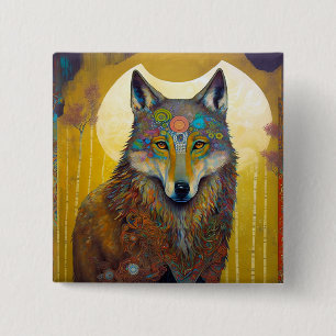Boho Wolf Surreal Wildlife Art 15 Cm Square Badge