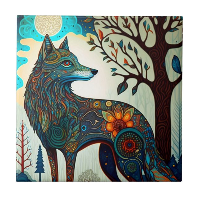 Boho Wolf Surreal Wildlife Art Ceramic Tile (Front)