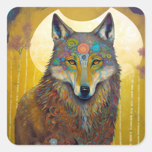 Boho Wolf Surreal Wildlife Art Square Sticker