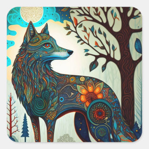 Boho Wolf Surreal Wildlife Art Square Sticker