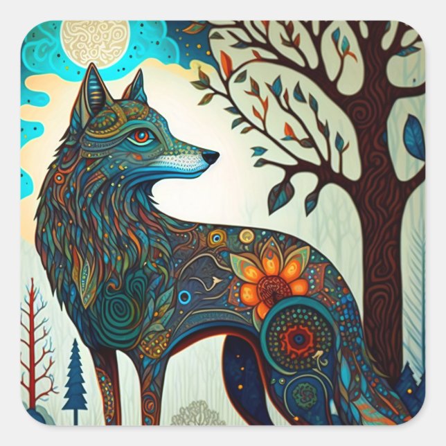 Boho Wolf Surreal Wildlife Art Square Sticker (Front)