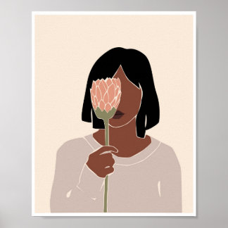Boho Woman Pink Protea Flower Portrait Art Poster
