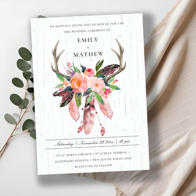 BOHO WOOD BLUSH ANTLER DREAM CATCHER FLORA WEDDING INVITATION (Creator Uploaded)