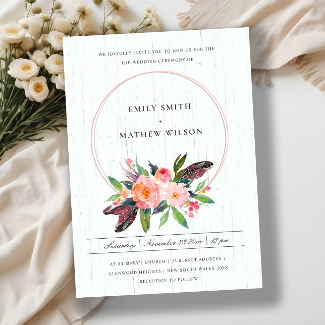 BOHO WOOD FEATHER BLUSH FLORAL WREATH WEDDING INVITATION (Creator Uploaded)