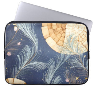 Boho Wood Grain Fan and Navy Feather Botanical Laptop Sleeve