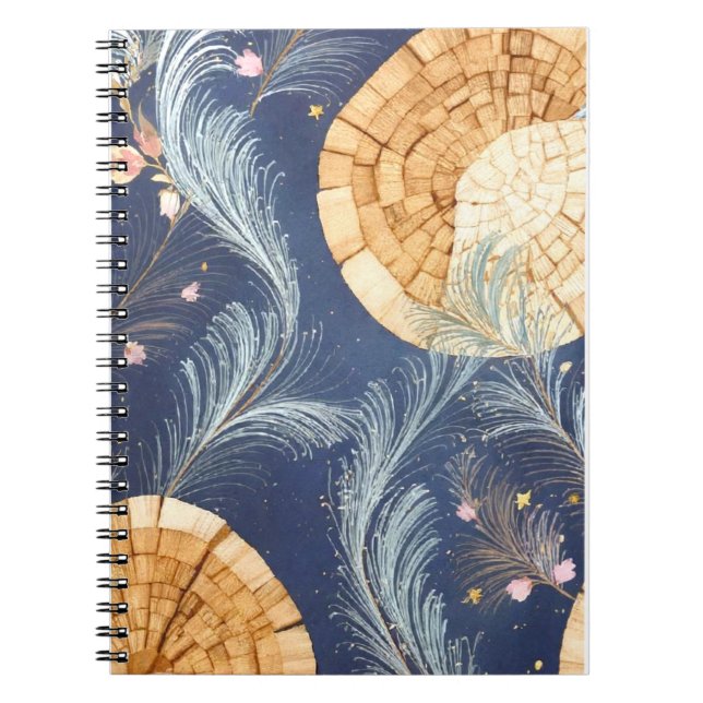 Boho Wood Grain Fan and Navy Feather Botanical  Notebook (Front)