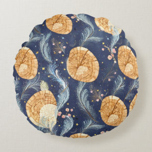 Boho Wood Grain Fan and Navy Feather Botanical Round Cushion