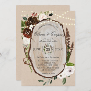 Boho Wood Slice Feather Marsala Floral Wedding  In Invitation