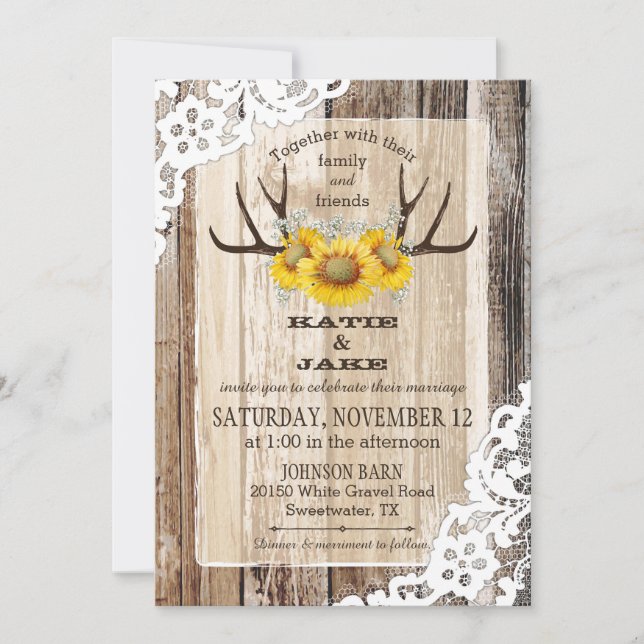 Boho Wood Sunflower Antlers Rustic Wedding Invitation (Front)
