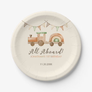Boho Wood Train Transport Kids Birthday Paper Plate