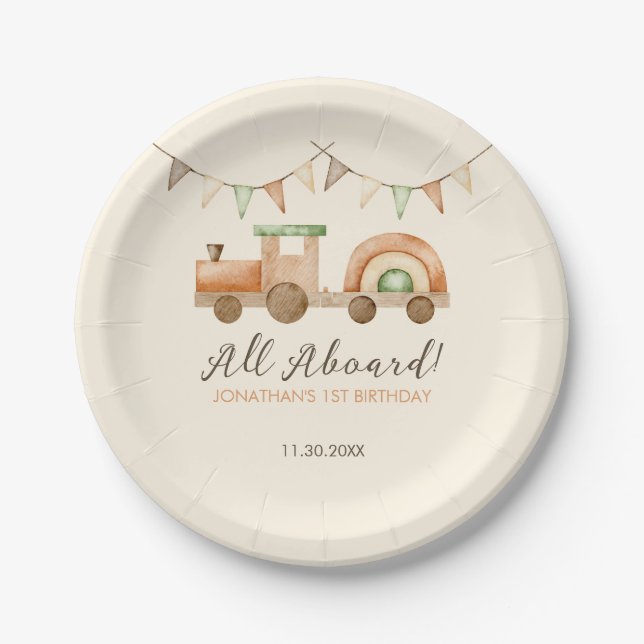 Boho Wood Train Transport Kids Birthday Paper Plate (Front)