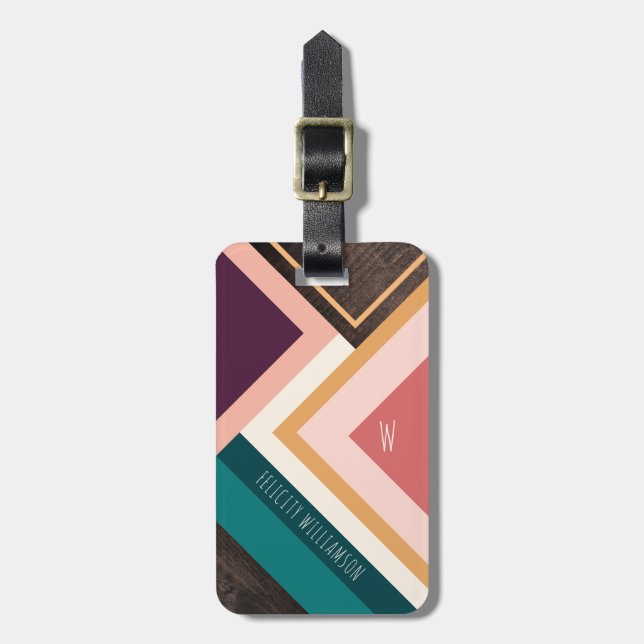 Boho Woodgrain Modern Retro Geometric Abstraction Luggage Tag (Front Vertical)