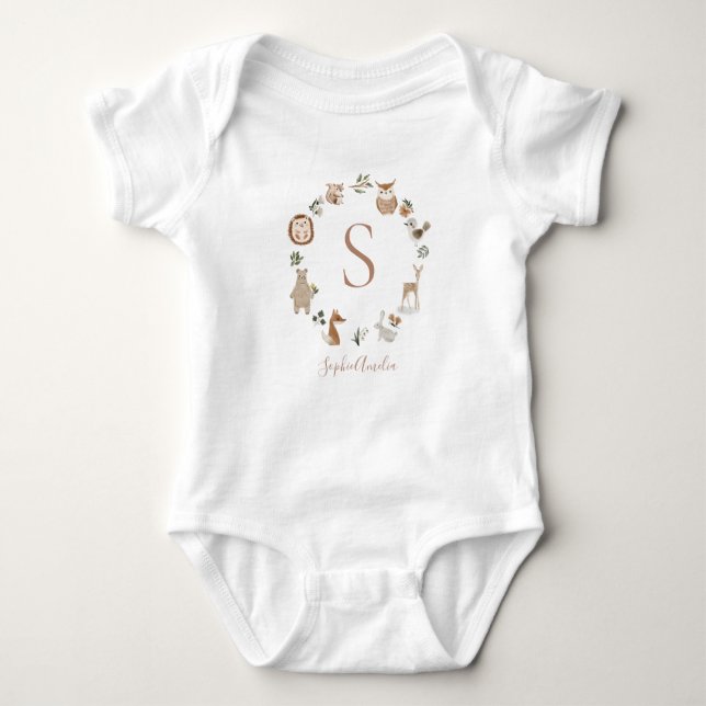 Boho Woodland Animal Wreath Personalised Baby Name Bodysuit (Front)