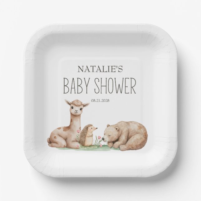 Boho Woodland Animals Baby Shower Paper Plate (Front)
