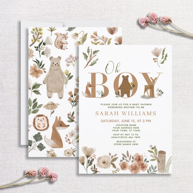 Boho Woodland Animals Brown Oh Boy Baby Shower Invitation (Creator Uploaded)
