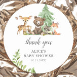 Boho Woodland Animals Thank You Baby Shower Classic Round Sticker<br><div class="desc">Cute little woodland animals featuring bear,  deer,  fox,  racoon,  owl and butterfly.</div>