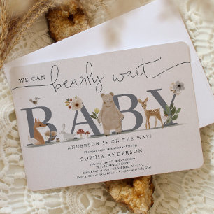 Boho Woodland Bearly Wait Bear Baby Shower Invitation