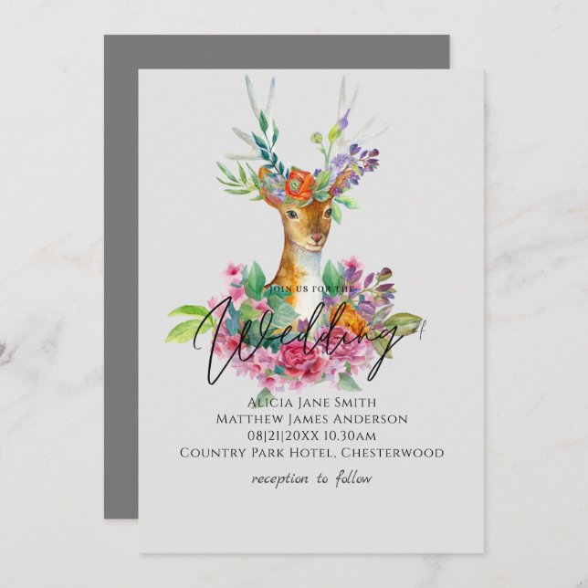 Boho Woodland Deer Floral Budget Wedding Invites (Front/Back)