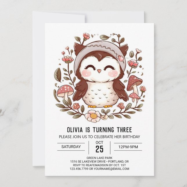 Boho Woodland Digital Owl Birthday Invitation (Front)