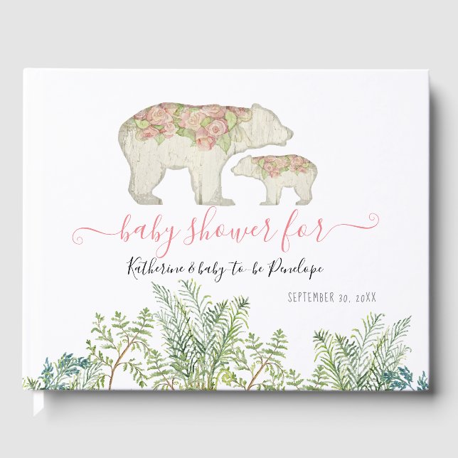 Boho Woodland Floral Bear Fern Foliage Baby Girl Guest Book (Front)