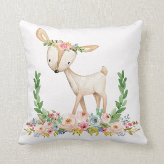 Boho Woodland Floral Deer Baby Girl Nursery Pillow