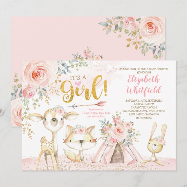 Boho Woodland Forest Pink Gold Floral Baby Shower Invitation (Front/Back)