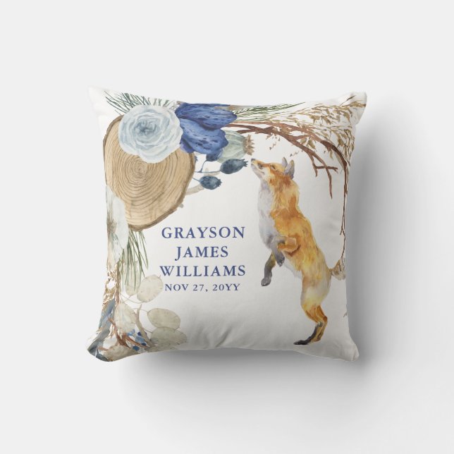Boho Woodland Fox Floral Custom Name Cushion (Front)